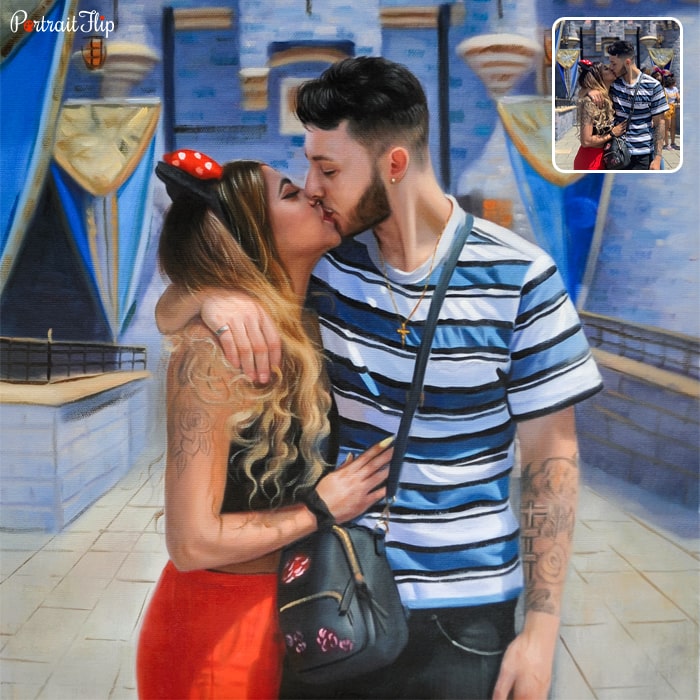 Acrylic painting where the man is behind woman who is wearing a pearl necklace